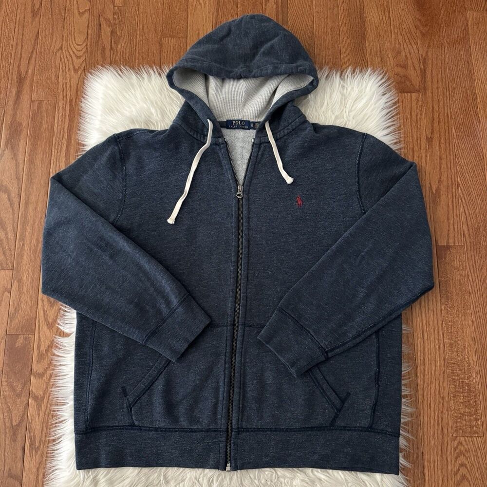 Polo Ralph Lauren Jacket Mens XL Navy Blue Full Zip Thermal Sweatshirt Pony Logo